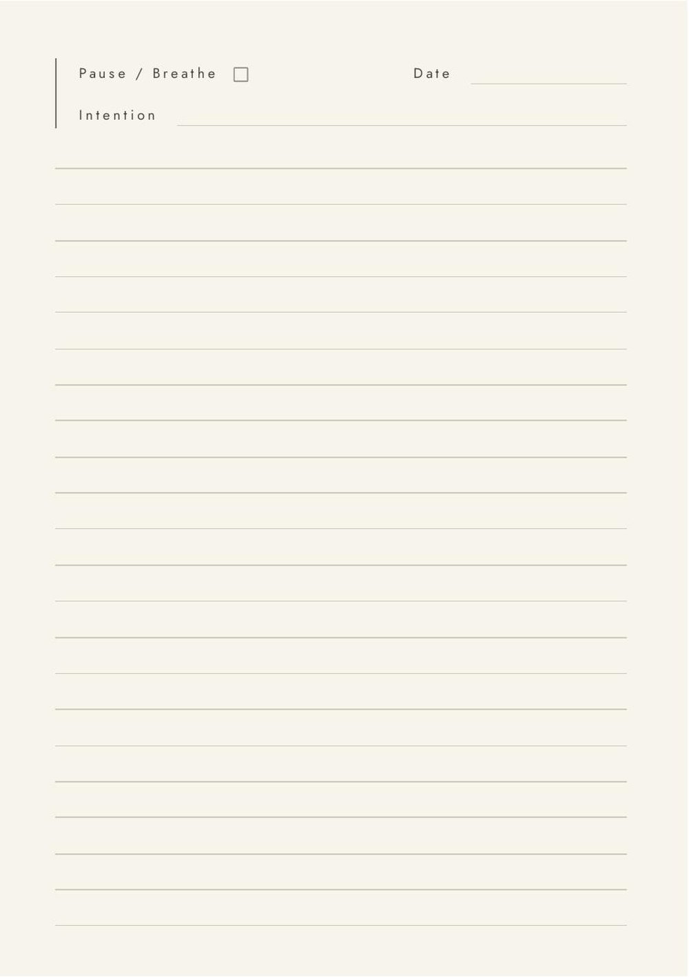 A daily page from the Tideful journal, with a Pause / Breathe box, a date, a line for your intention, and twenty-two ruled lines
